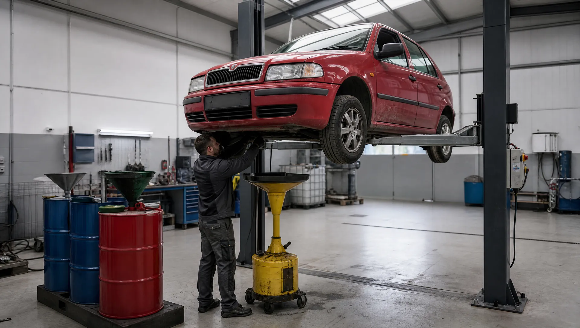 Červená Škoda Fabia na zvedáku v čisté hale, technik pod ní odčerpává olej do sběrné nádoby